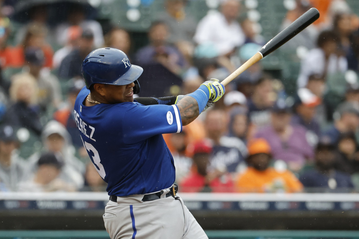 Sep 4, 2022; Detroit, Michigan, USA; Kansas City Royals catcher Salvador Perez (13) hits a single in the third inning against the Detroit Tigers at Comerica Park. Mandatory Credit: Rick Osentoski-USA TODAY Sports